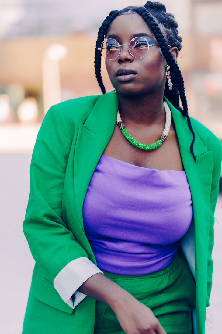 Stylish Woman in Bright Clothes in the City